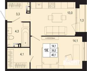 1-к квартира, строящийся дом, 39м2, 3/8 этаж