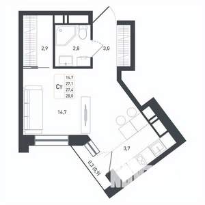 Студия квартира, строящийся дом, 27м2, 7/8 этаж