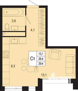 Студия квартира, строящийся дом, 29м2, 1/8 этаж