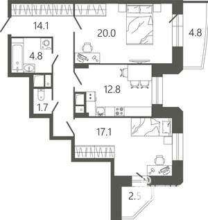 2-к квартира, вторичка, 73м2, 3/17 этаж