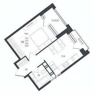 1-к квартира, строящийся дом, 35м2, 8/8 этаж