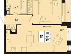1-к квартира, вторичка, 39м2, 8/8 этаж