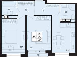 2-к квартира, вторичка, 58м2, 4/8 этаж