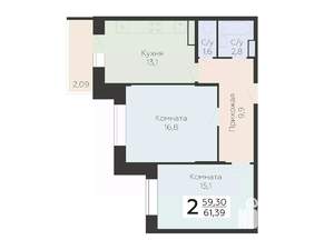 2-к квартира, строящийся дом, 61м2, 13/22 этаж