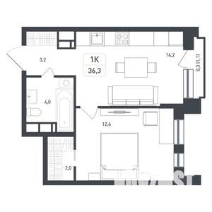 1-к квартира, строящийся дом, 36м2, 8/8 этаж