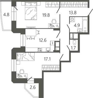 2-к квартира, вторичка, 73м2, 3/17 этаж