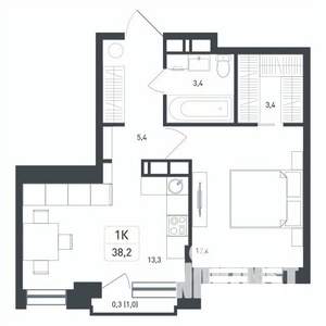 1-к квартира, строящийся дом, 38м2, 8/8 этаж