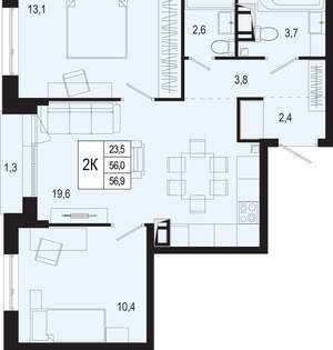 Студия квартира, вторичка, 56м2, 6/8 этаж