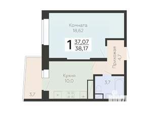 1-к квартира, строящийся дом, 38м2, 15/22 этаж