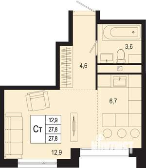 Студия квартира, строящийся дом, 28м2, 1/8 этаж