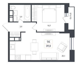 1-к квартира, вторичка, 39м2, 5/8 этаж