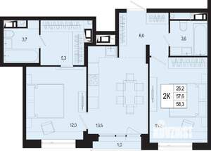 2-к квартира, строящийся дом, 58м2, 7/8 этаж