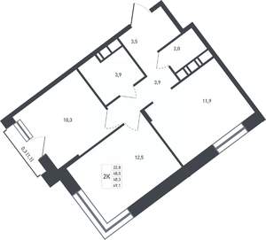 2-к квартира, строящийся дом, 48м2, 7/8 этаж