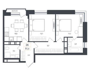 2-к квартира, вторичка, 51м2, 8/8 этаж