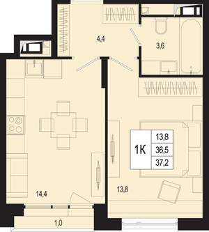 1-к квартира, вторичка, 37м2, 6/8 этаж