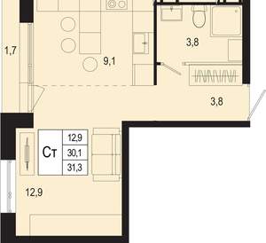 Студия квартира, вторичка, 30м2, 4/8 этаж