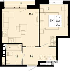 1-к квартира, строящийся дом, 35м2, 6/8 этаж