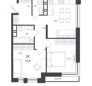 2-к квартира, вторичка, 52м2, 6/8 этаж