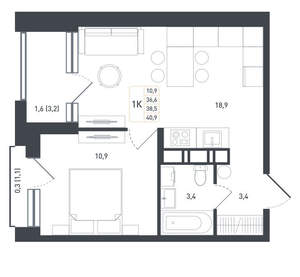 1-к квартира, вторичка, 41м2, 3/8 этаж