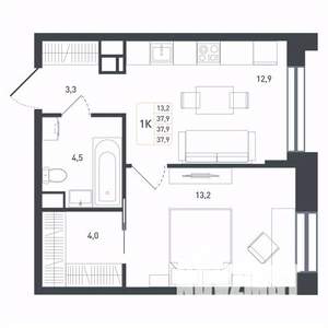 1-к квартира, вторичка, 40м2, 1/8 этаж