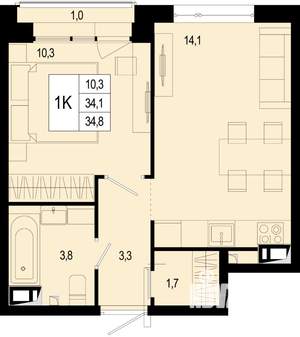 Студия квартира, строящийся дом, 34м2, 4/8 этаж