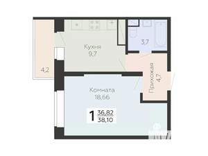 1-к квартира, строящийся дом, 38м2, 12/22 этаж