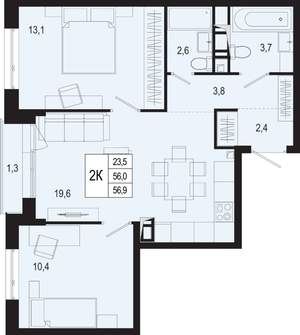 2-к квартира, строящийся дом, 56м2, 2/8 этаж