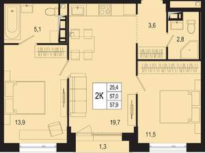 2-к квартира, вторичка, 57м2, 8/8 этаж