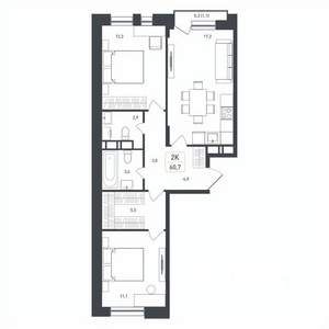 2-к квартира, строящийся дом, 61м2, 4/8 этаж