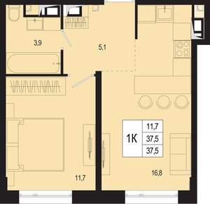 1-к квартира, вторичка, 38м2, 6/8 этаж