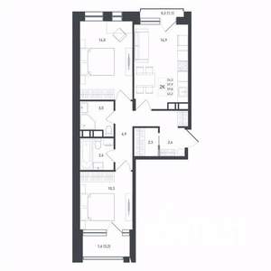 2-к квартира, строящийся дом, 60м2, 6/8 этаж
