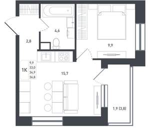1-к квартира, вторичка, 37м2, 1/8 этаж