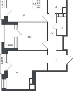 2-к квартира, вторичка, 62м2, 3/8 этаж