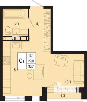 Студия квартира, строящийся дом, 30м2, 3/8 этаж