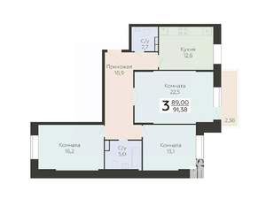 3-к квартира, строящийся дом, 91м2, 12/22 этаж