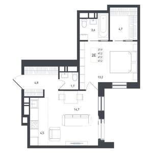 2-к квартира, строящийся дом, 47м2, 6/8 этаж