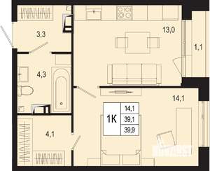 1-к квартира, строящийся дом, 39м2, 6/8 этаж