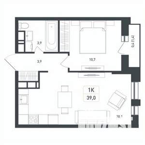 Студия квартира, вторичка, 39м2, 4/8 этаж