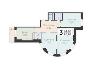 3-к квартира, строящийся дом, 96м2, 18/20 этаж