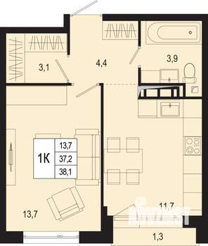 1-к квартира, строящийся дом, 37м2, 8/8 этаж