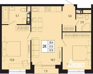 2-к квартира, вторичка, 57м2, 5/8 этаж