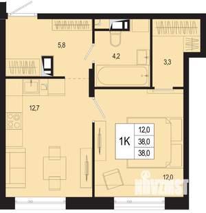 1-к квартира, строящийся дом, 38м2, 3/8 этаж