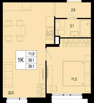 1-к квартира, вторичка, 39м2, 1/8 этаж