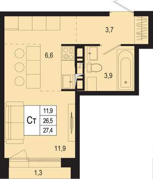 Студия квартира, строящийся дом, 27м2, 4/8 этаж