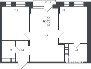 2-к квартира, строящийся дом, 55м2, 6/8 этаж