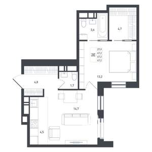 2-к квартира, строящийся дом, 47м2, 7/8 этаж
