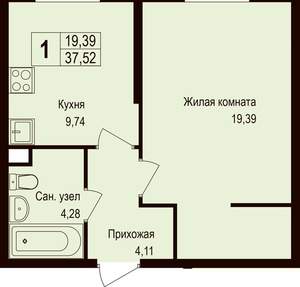 1-к квартира, вторичка, 37м2, 1/1 этаж