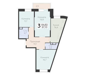 3-к квартира, вторичка, 87м2, 9/22 этаж