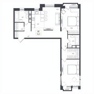 3-к квартира, строящийся дом, 75м2, 7/8 этаж