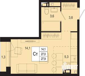 Студия квартира, строящийся дом, 27м2, 4/8 этаж